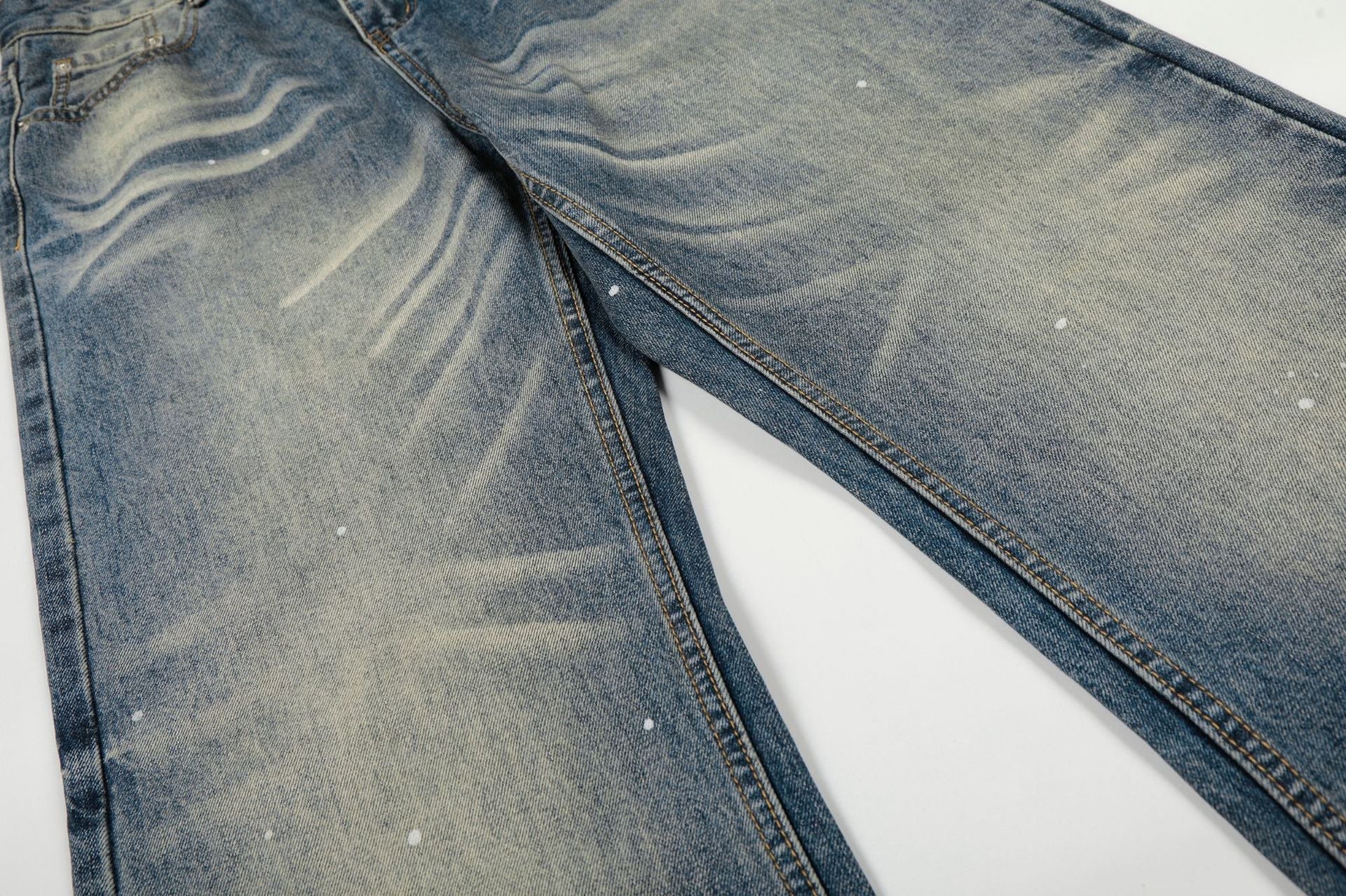 Washed Whisker Paint Splatter Straight Denim Jeans