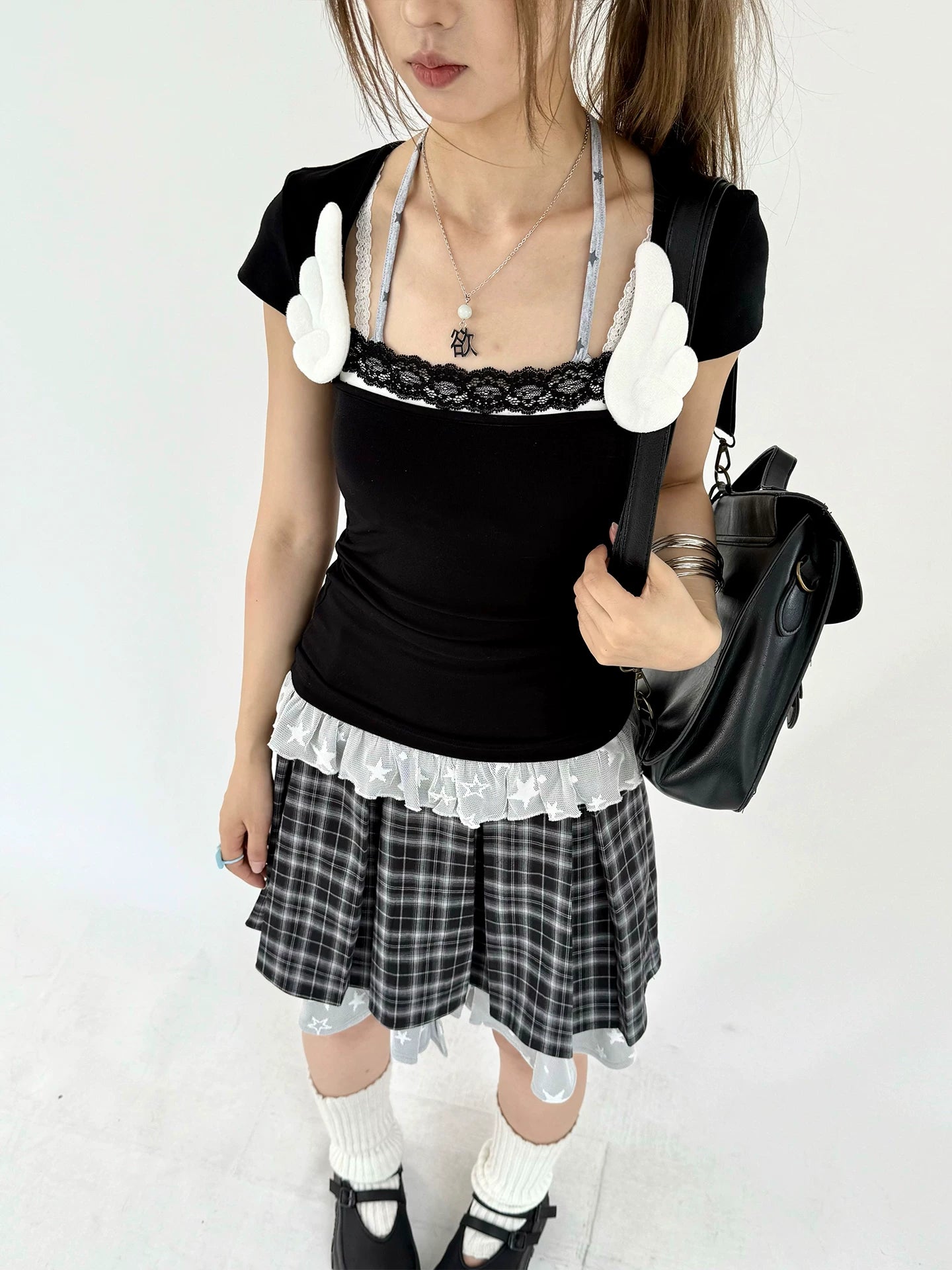 Plaid Lace Layered Star A-Line Short Skirt