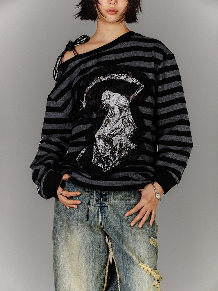 Off-Shoulder Drawstring Stripe Oversize Long Sleeve T-Shirt