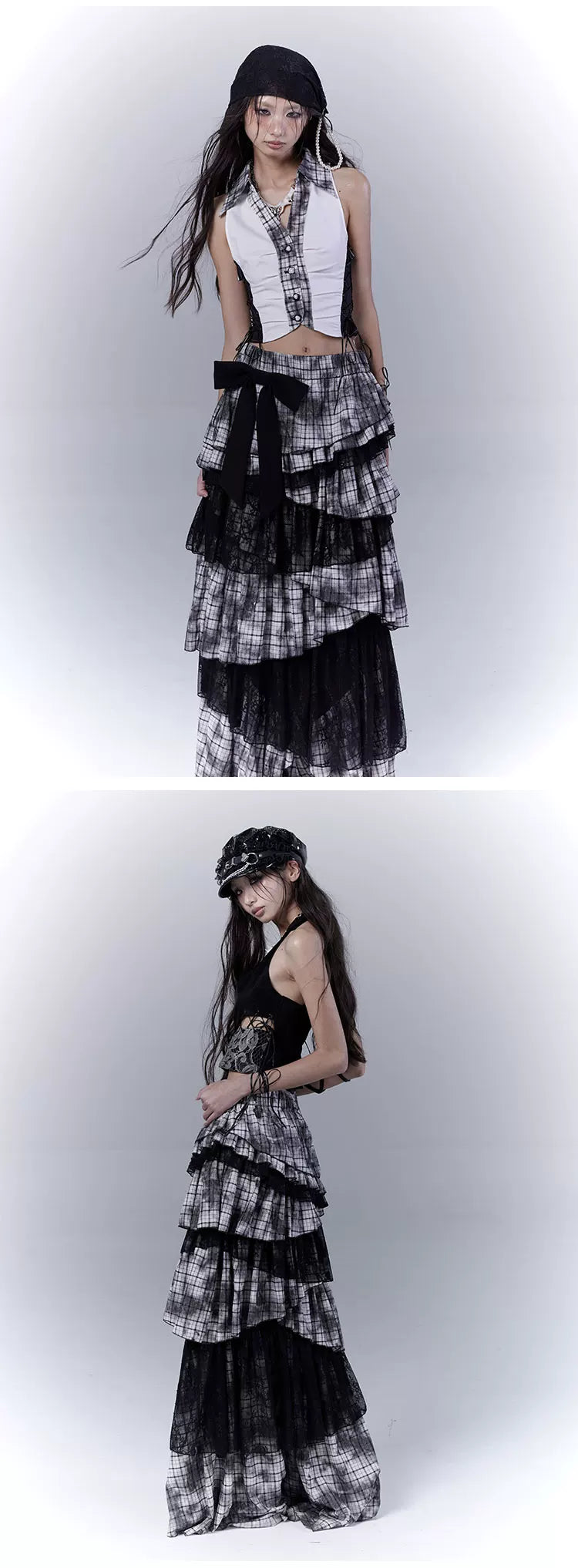 Lace Plaid Tiered Asymmetric Skirt