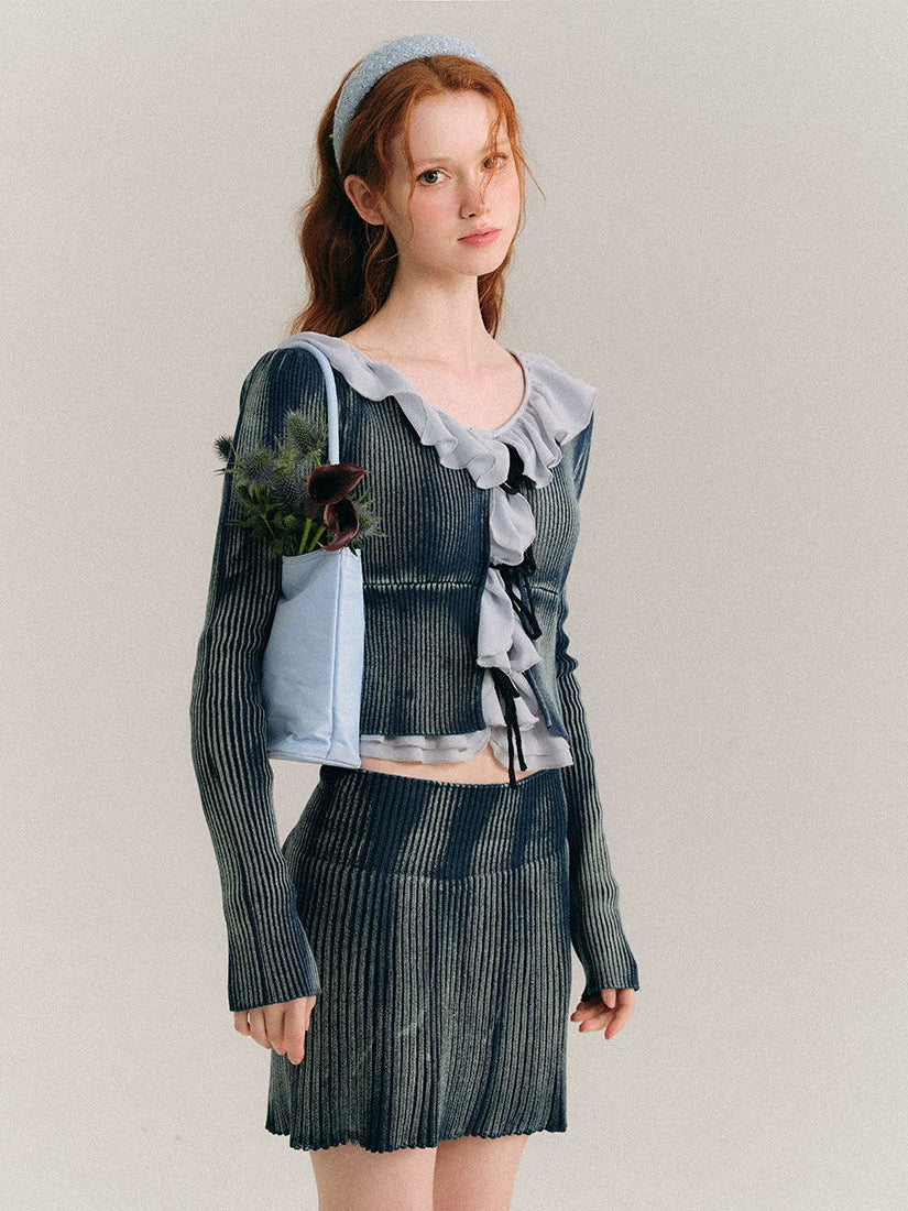 Frill Knit Cardigan & Short Rib Knit Skirt Setup