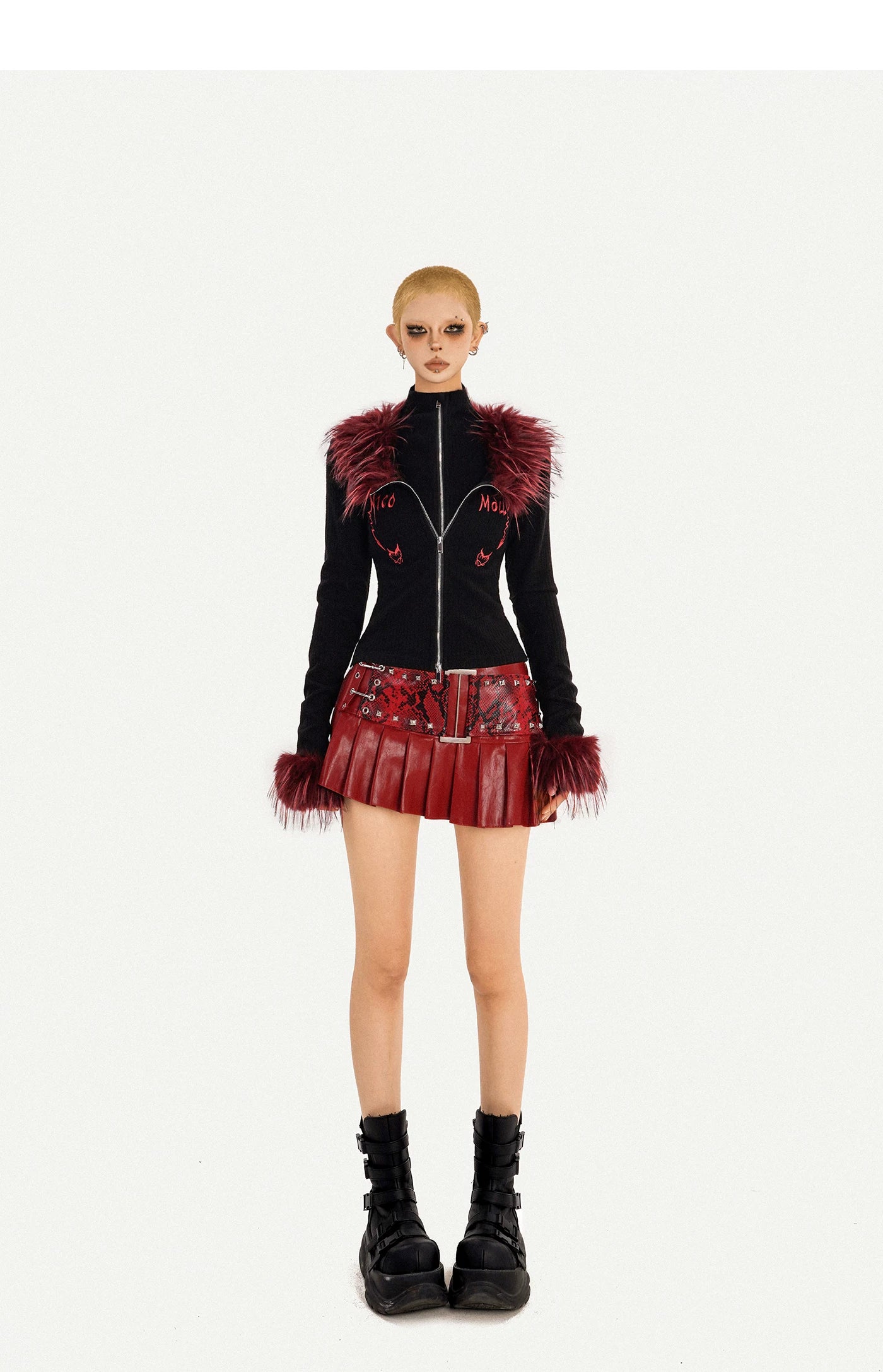 Fake Layered Double Zipper Flame Fake Fur Collar Knit Cardigan