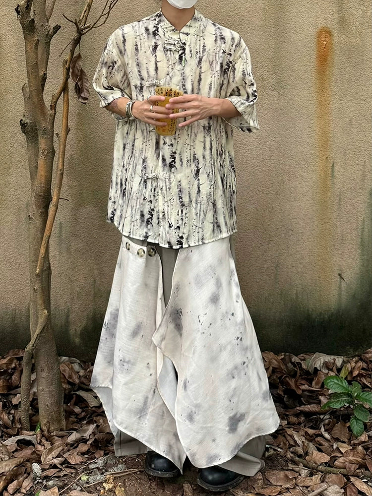 Tie-Dye Frog Button Standing-Collar Short Sleeve Shirt