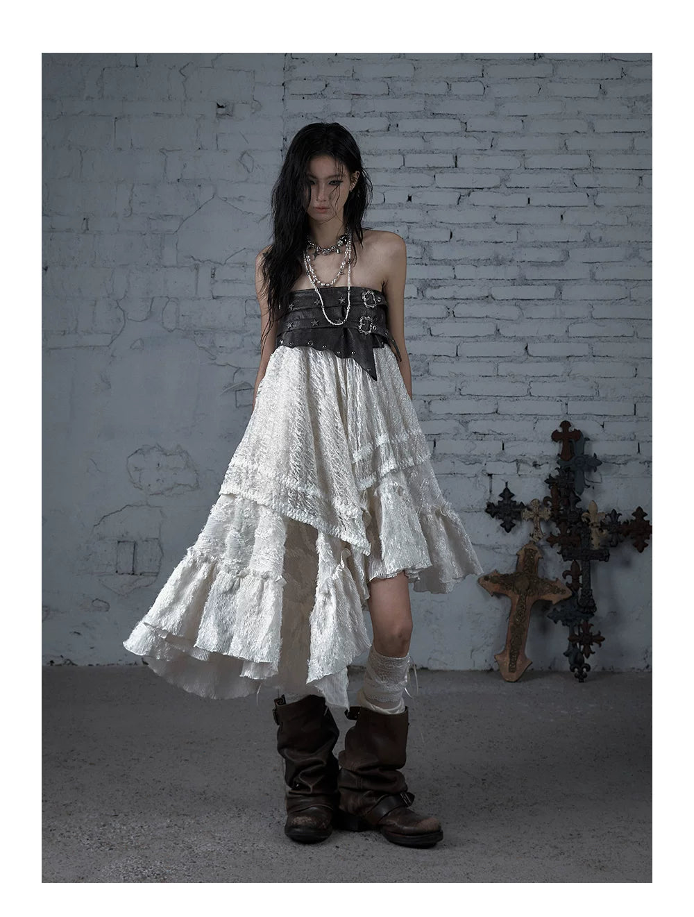 Asymmetric Lace Layered Belt Detail Skirt
