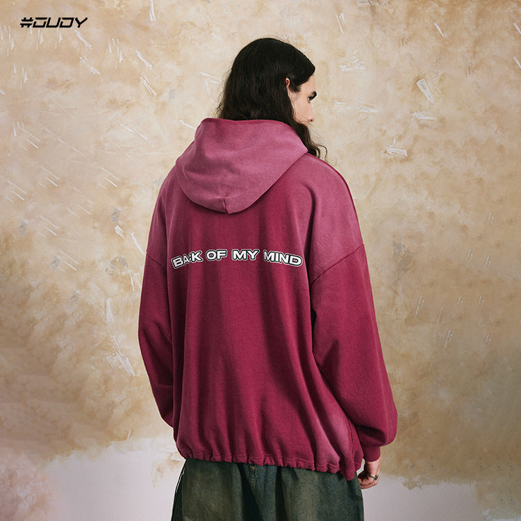 Fleece Linning Embroidery Drawstring Hem Pullover Hoodie