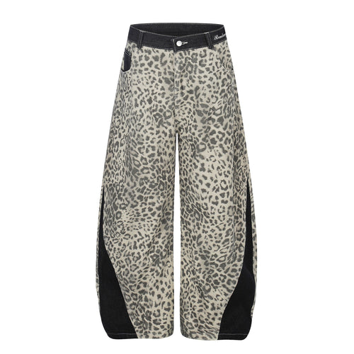 Calça Jeans Wide Leg Curva com Estampa de Leopardo - Bege / S