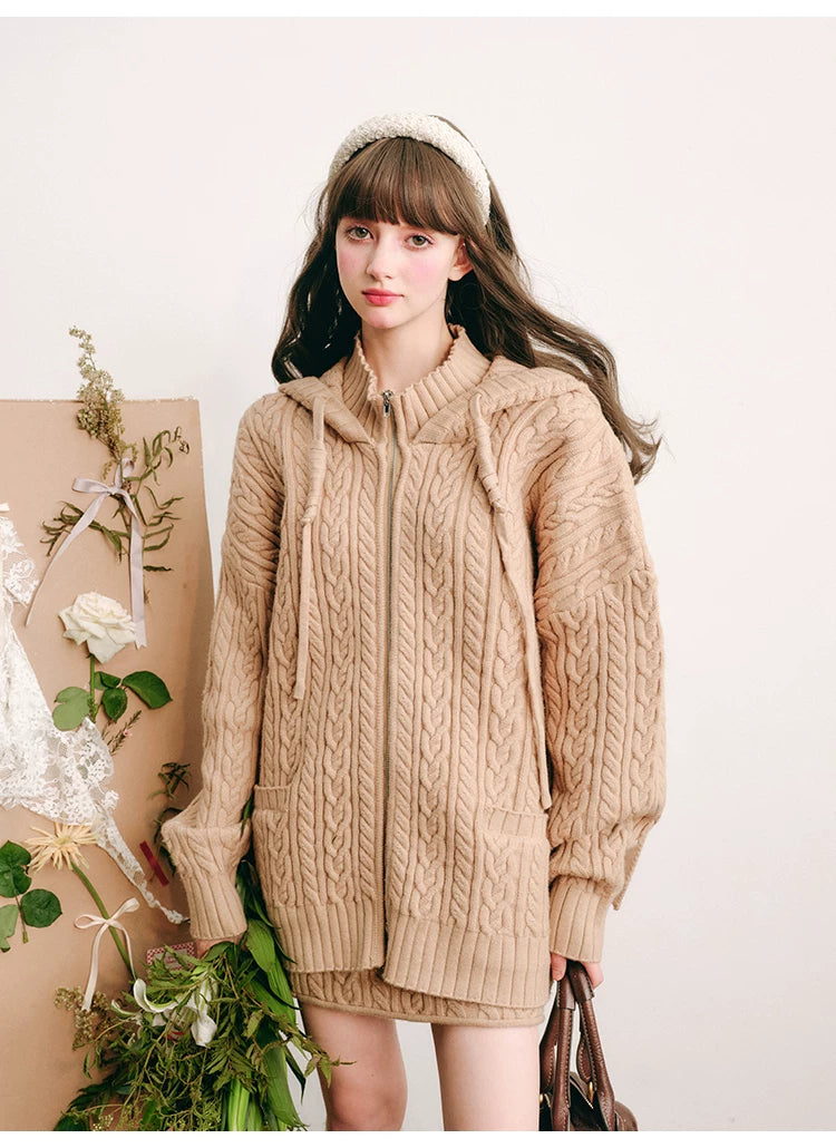Bunny Hare Ear Hooded Zipper Knit Cardigan & Knit Skirt Setup