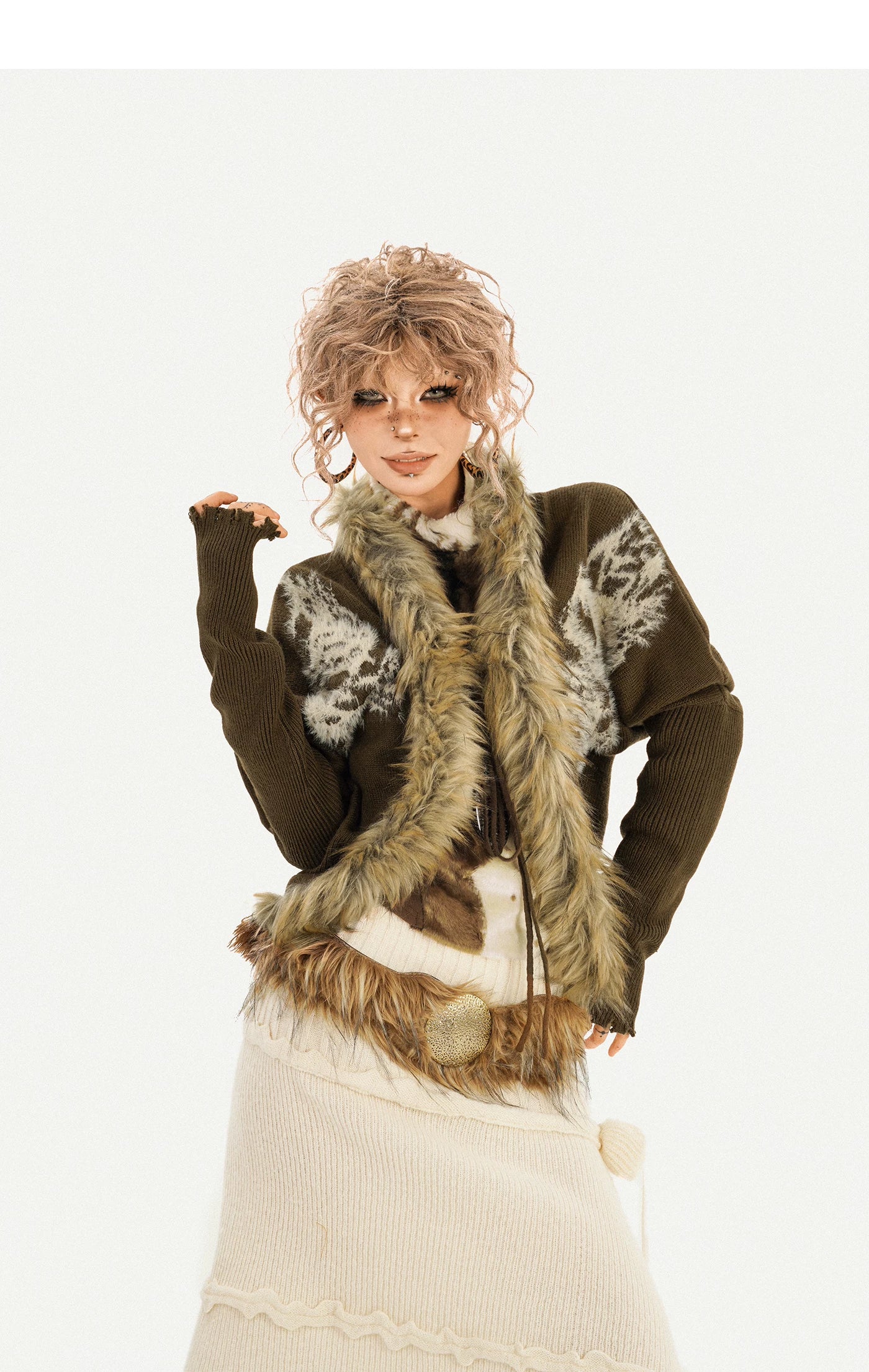 Original Design Batwing Sleeve Fake Fur Collar Knit Cardigan