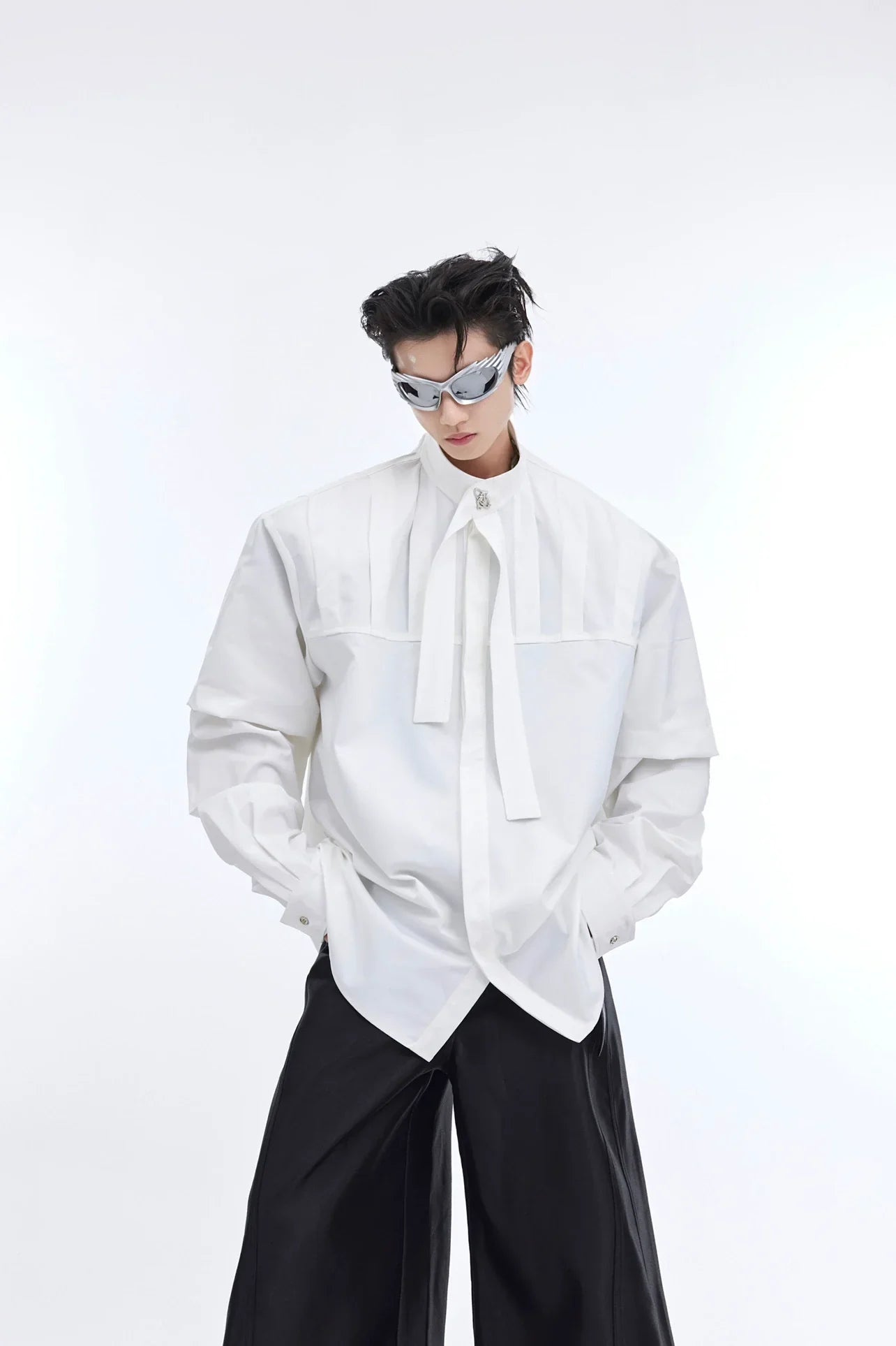 Ribbon Design Pleat Oversize Long Sleeve Shirt
