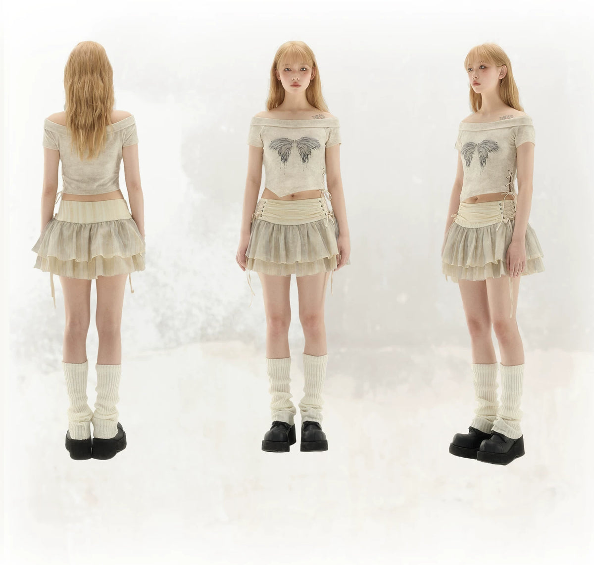 Ballet Mesh Layered Low-Waist Tie-Up Ruffled Skirt ＆ Off-Shoulder Print Short Sleeve T-Shirt