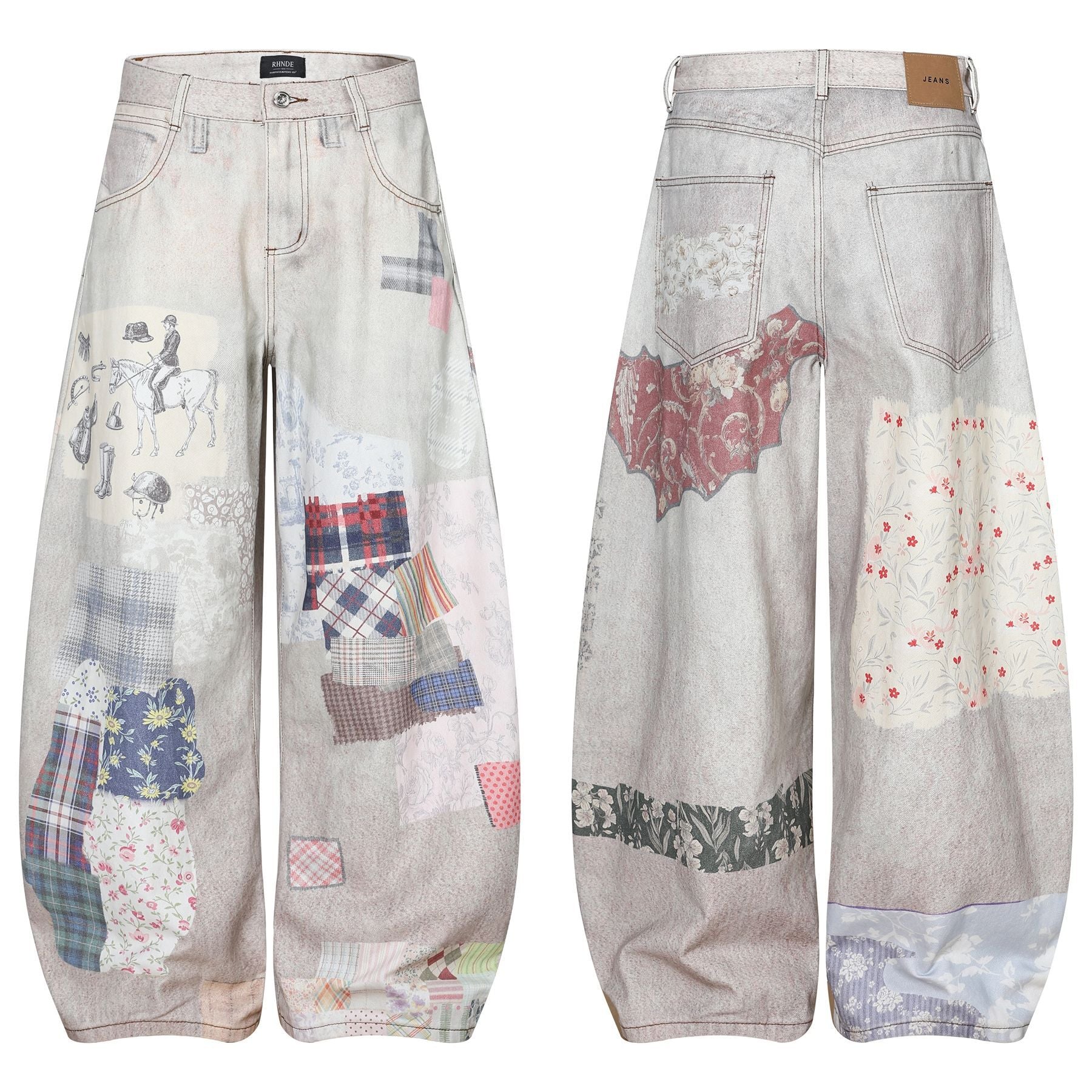 Collage Print Wide Leg Denim Jeans