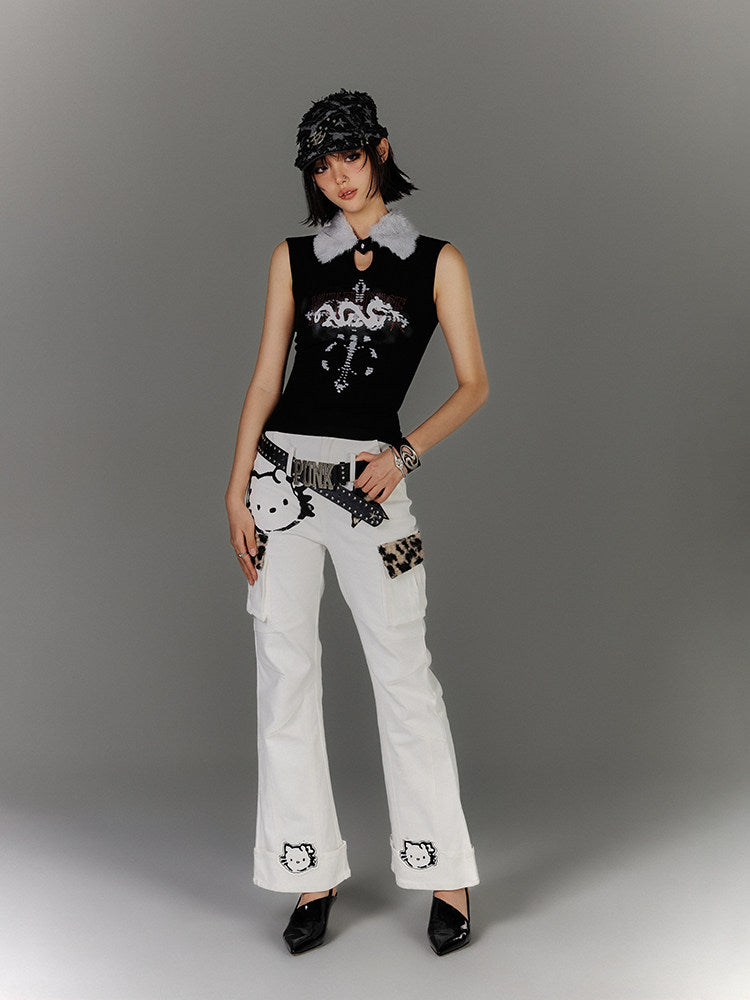 Fake Fur Collar Ribbed Graphic Print Sleeveless T-Shirt