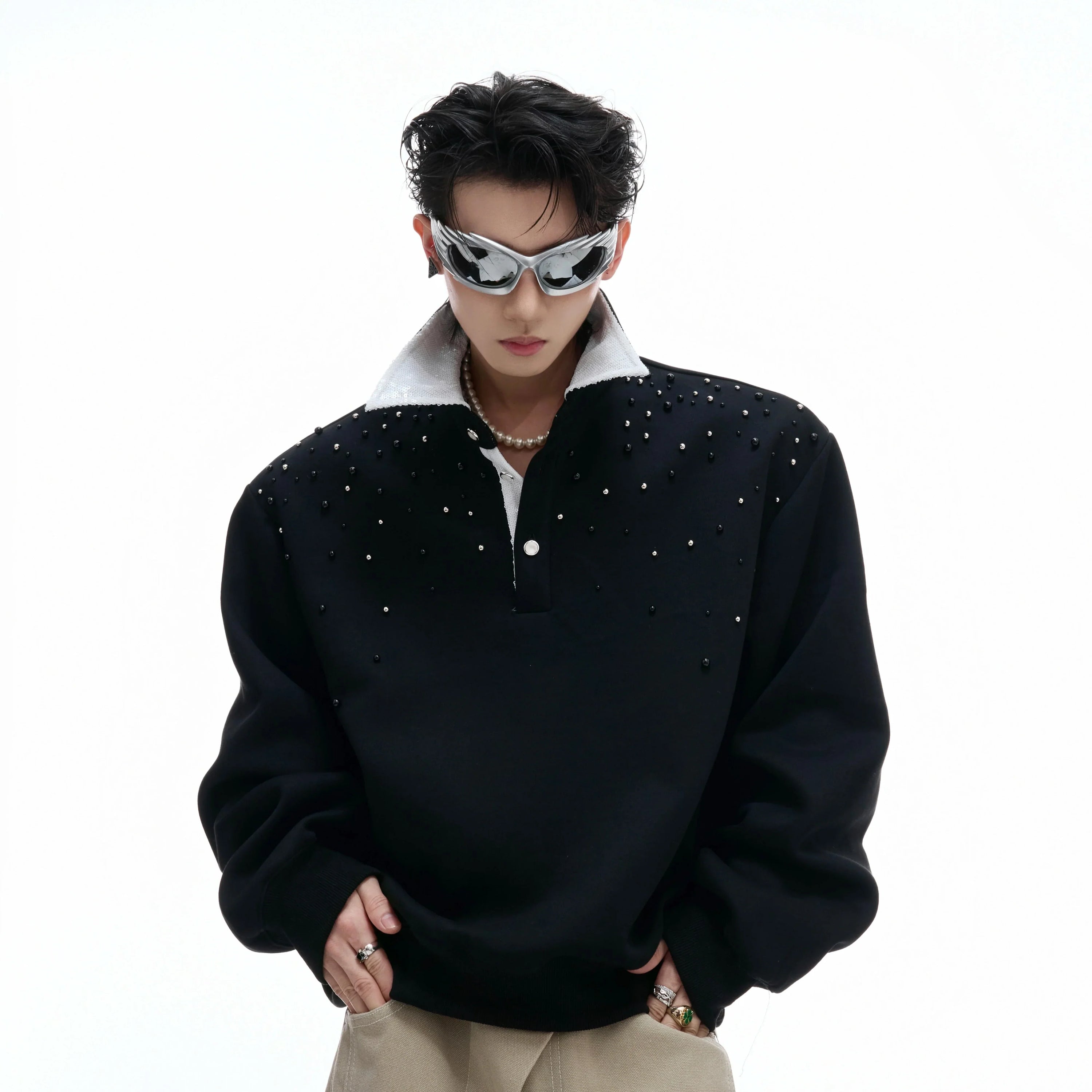 Pearl Sequin Long Sleeve Polo Shirt