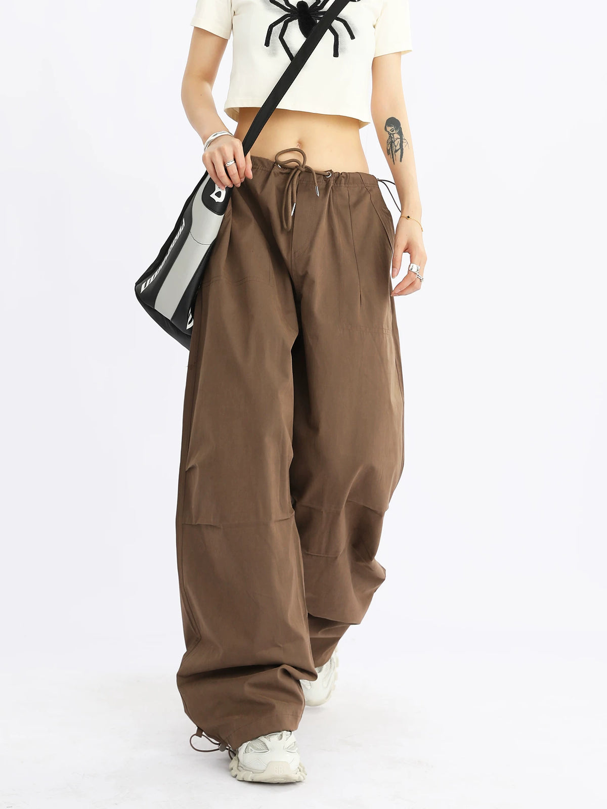 Wide-Leg Drawstring Cargo Pants