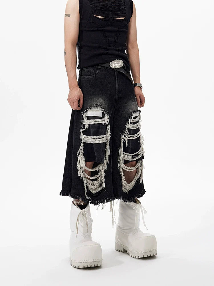 Washed Damage Patch Black Denim Short