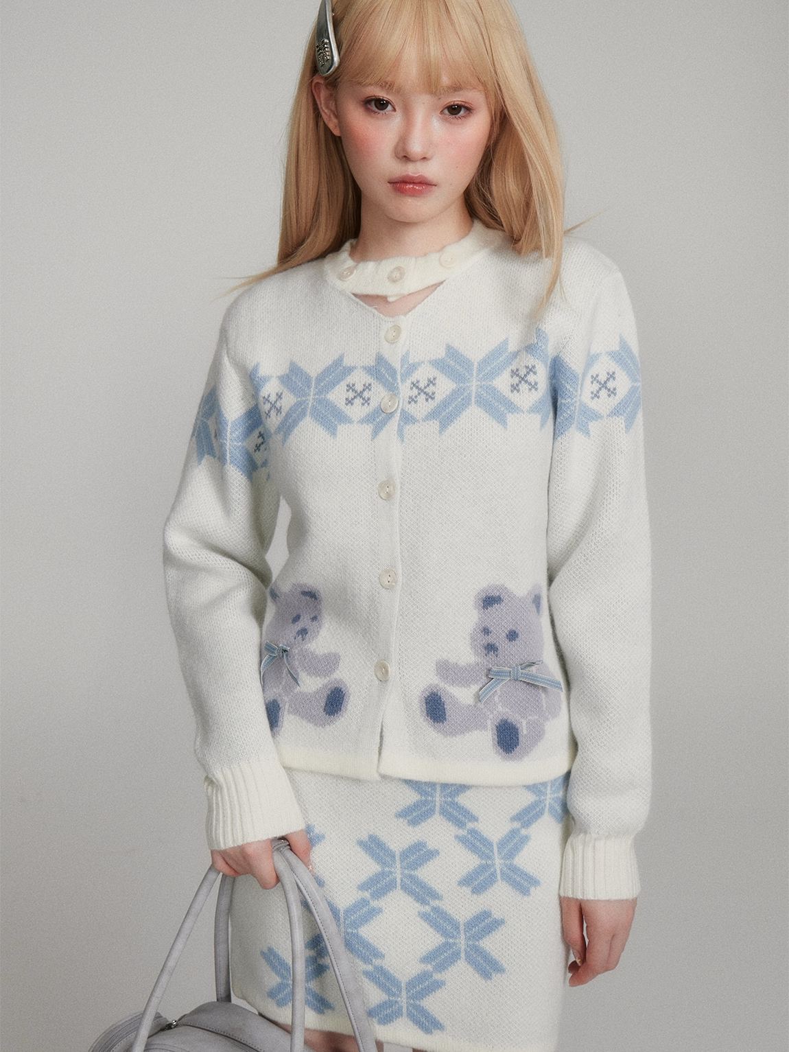 Teddy Bear Snowflake Knit Cardigan & Short Skirt Setup