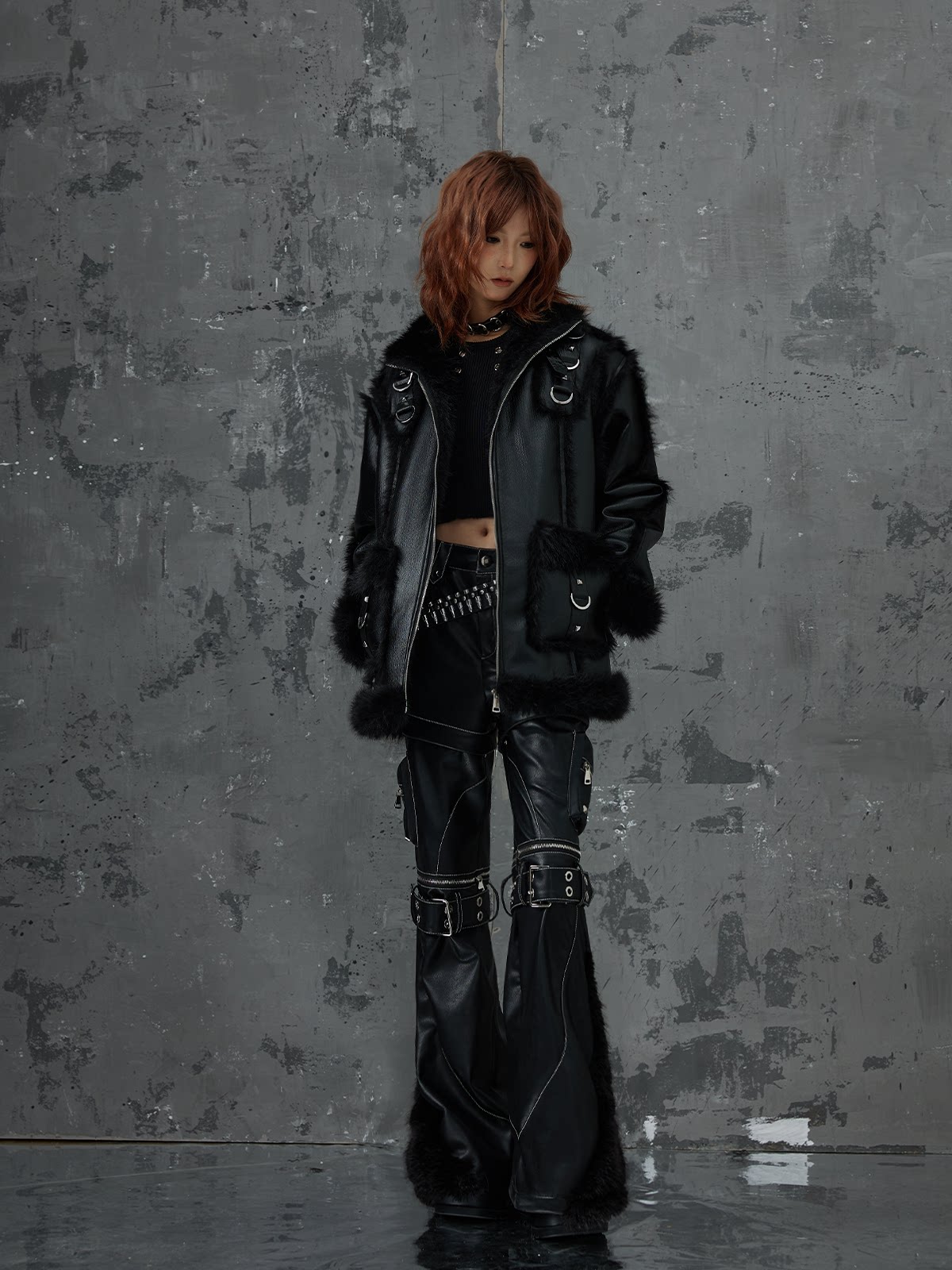 Punk Oversize Metal-Accent Shearling Jacket