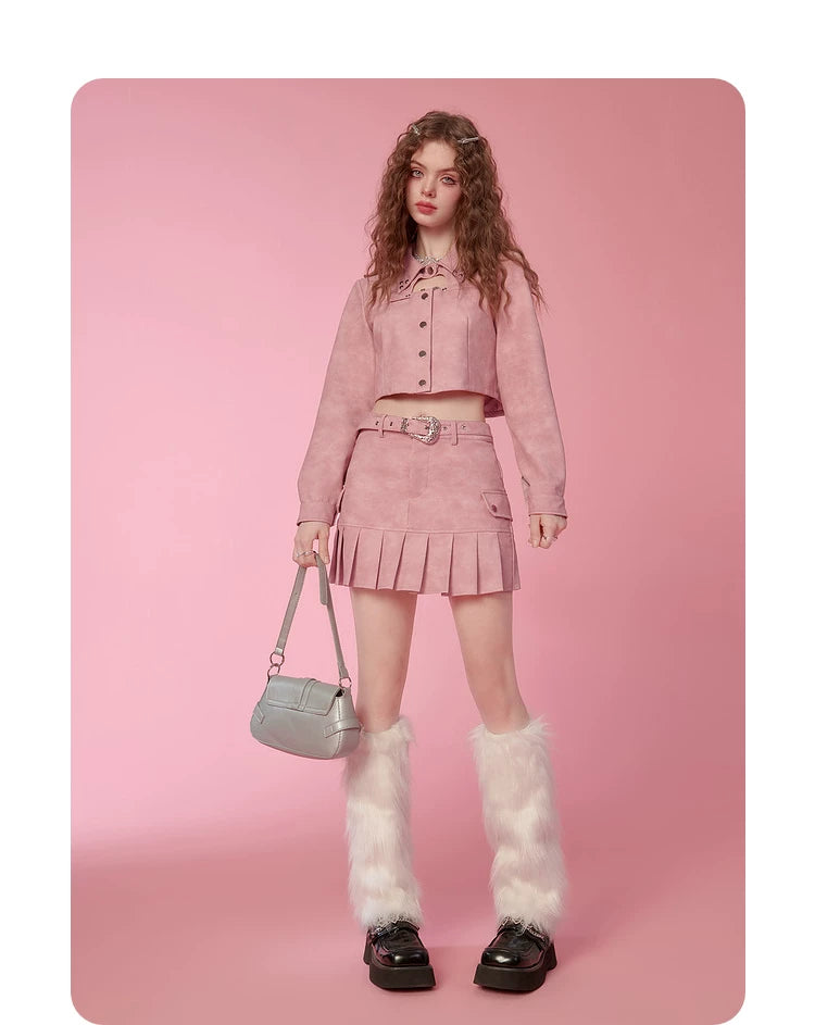 PU Leather Short Jacket & Short Pleats Skirt Setup