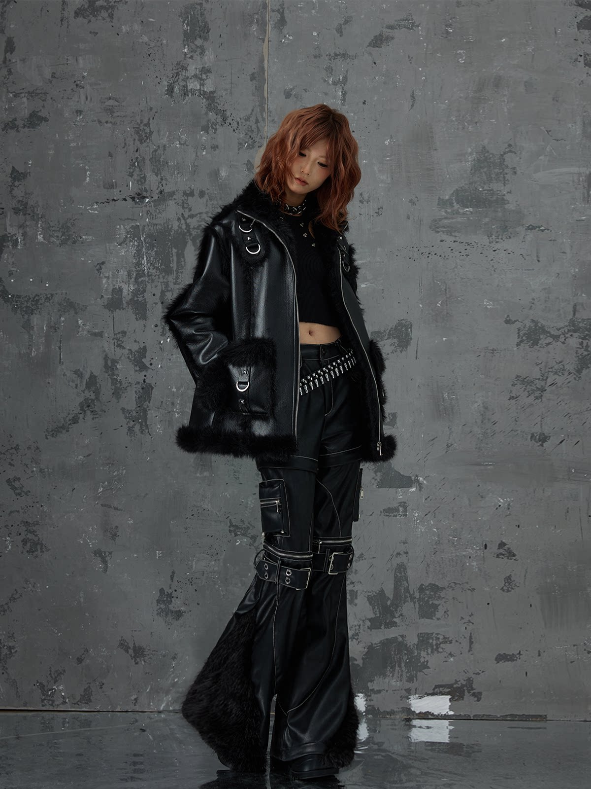 Punk Oversize Metal-Accent Shearling Jacket