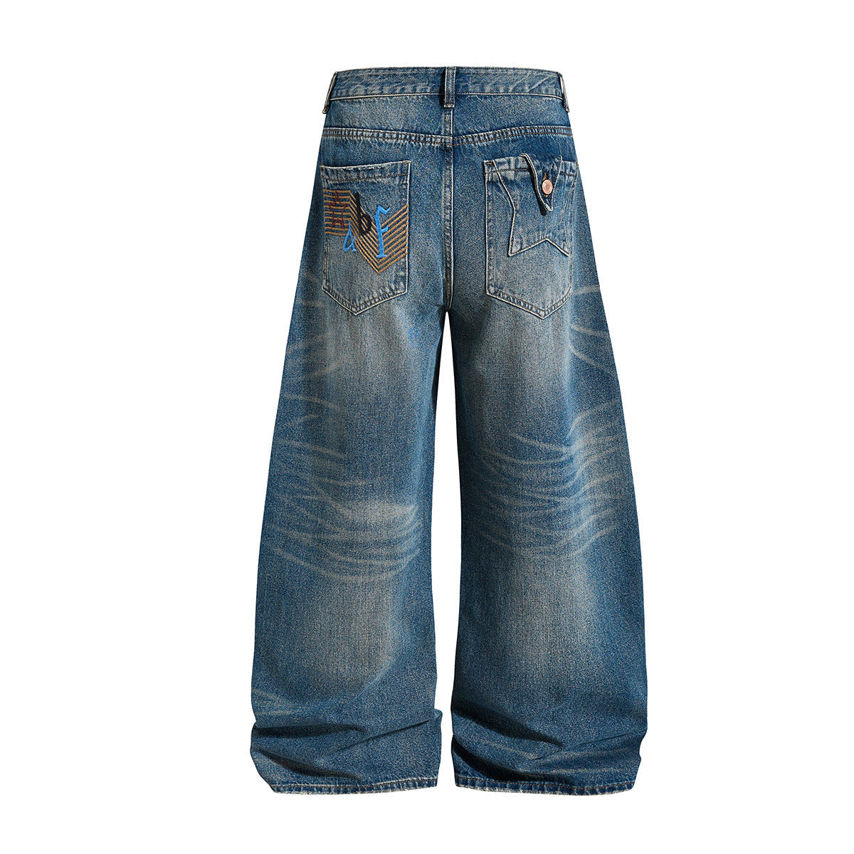 Embroidery Curved Wide Leg Denim Jeans