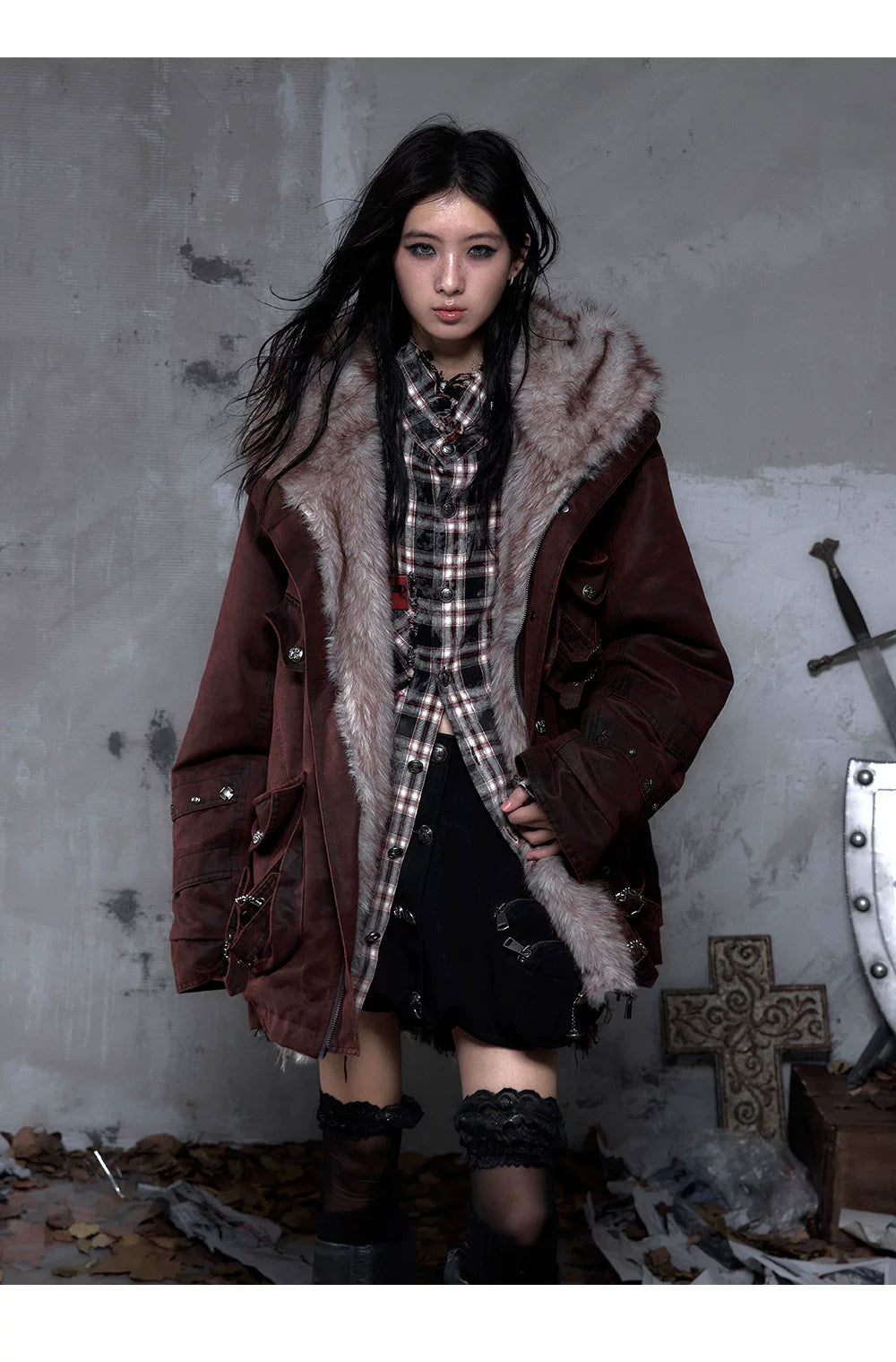 Fake Fur Hooded Multi-Pocket Buckle Detail Jacket