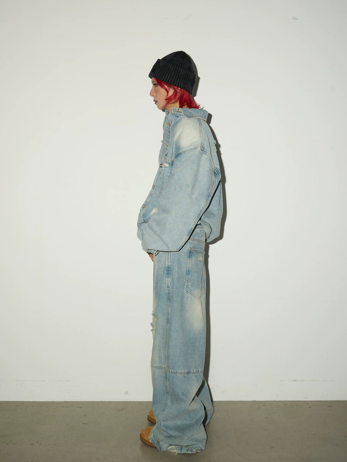Ripped Damage Denim Jacket &wide Leg Denim Jeans Setup