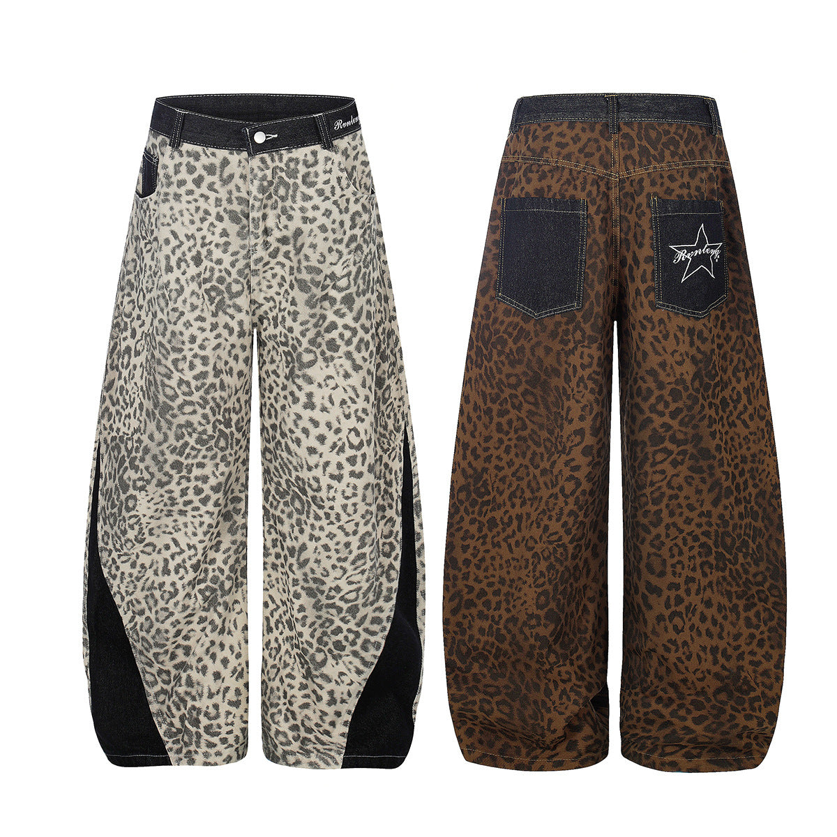 Leopard Print Curved Wide Leg Denim Jeans