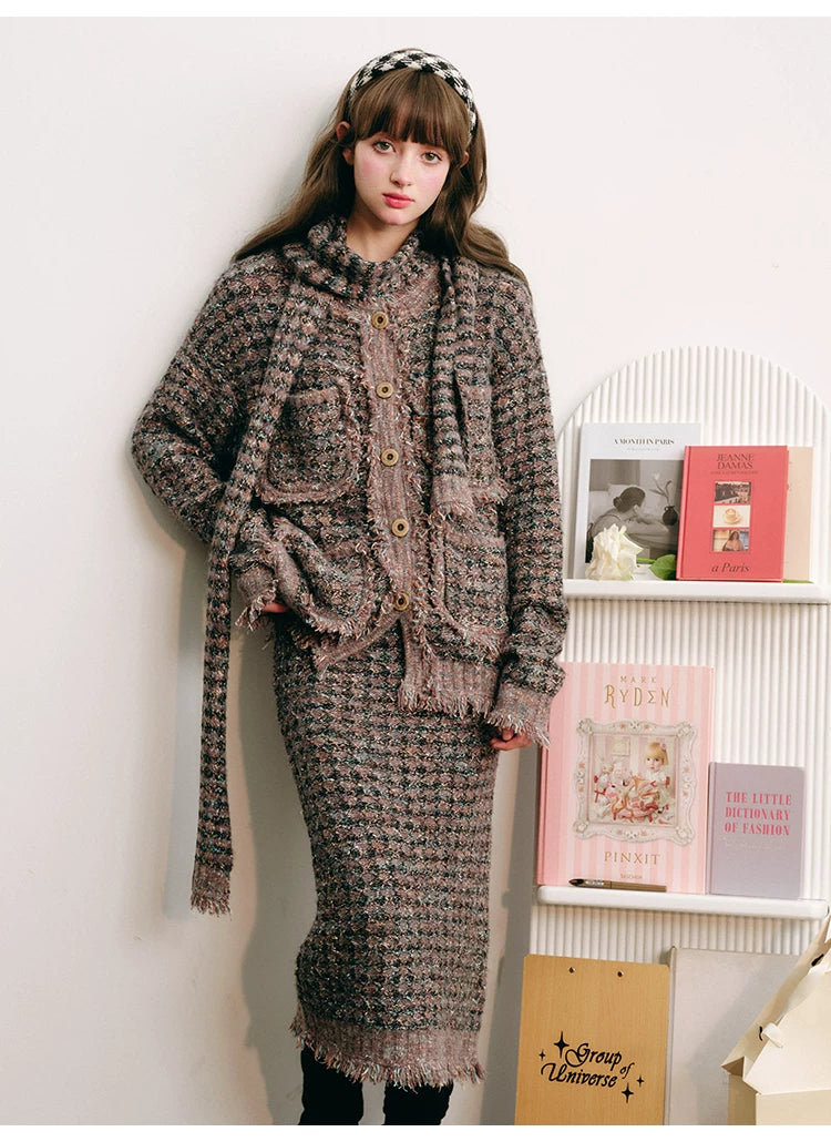 Plaid Button Cardigan & Scarf & Long Skirt Setup