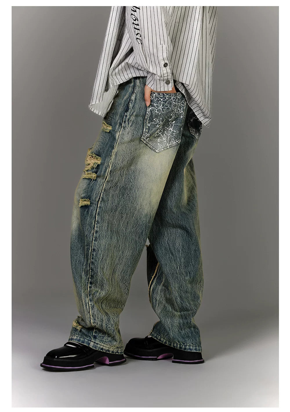 Washed Blue Damage Wide Leg Denim Jeans