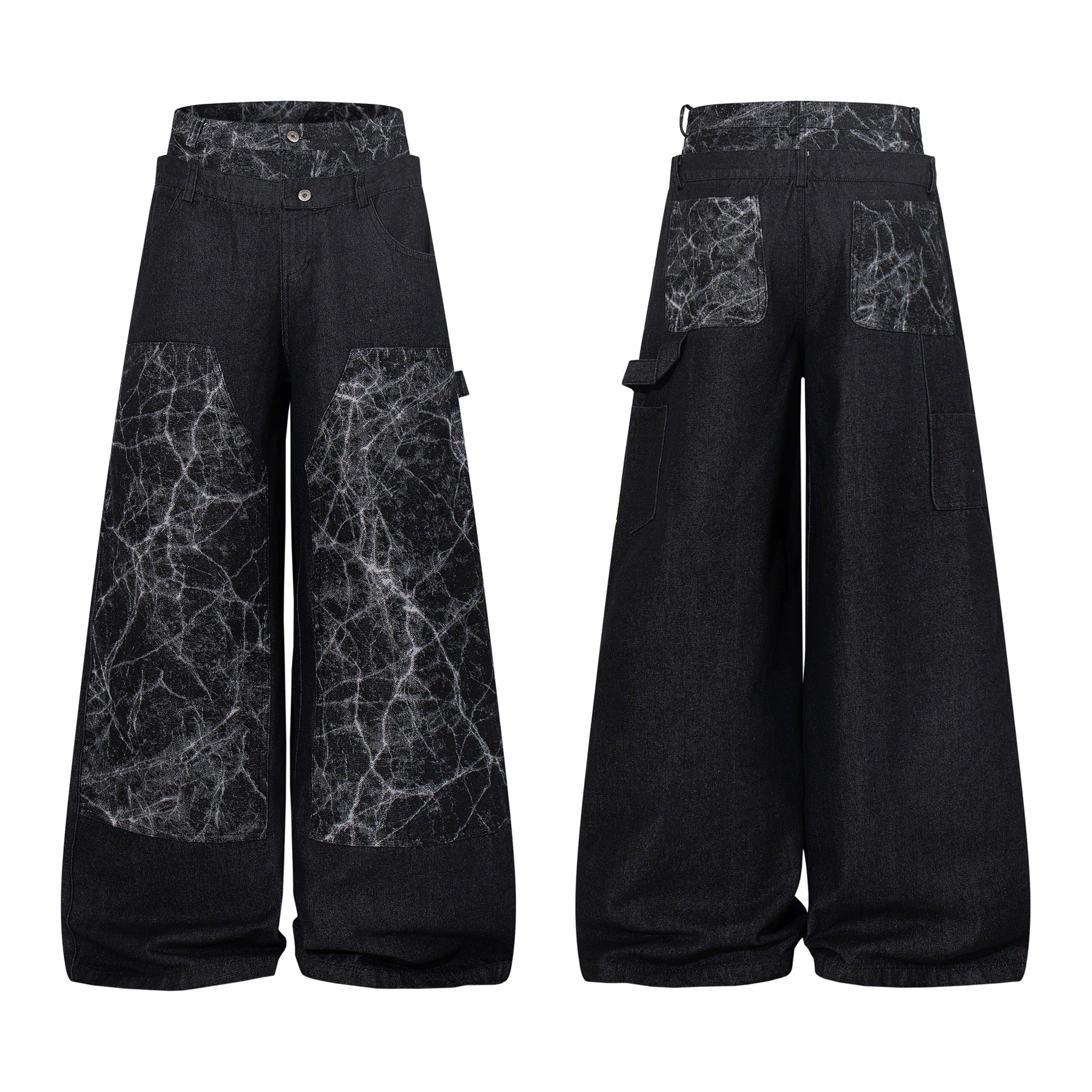 Double Waist Marble Panel Wide Leg Denim Jeans