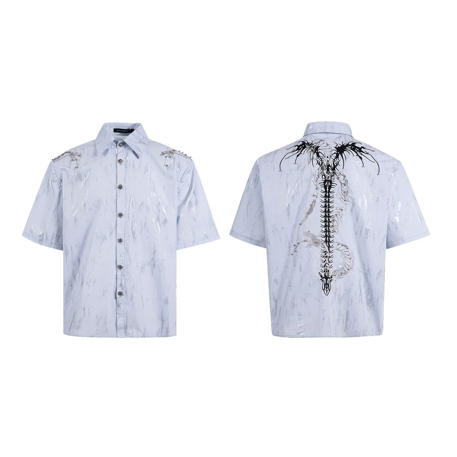 Snake Spine Beaded Foil Print Shoulder-pad Short Sleeve Shirt