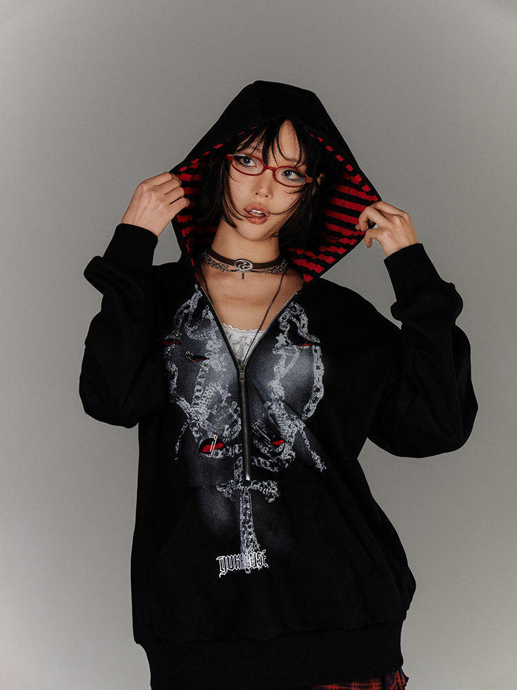 Fake Layered Zipper Stripe Oversize Pullover Hoodie