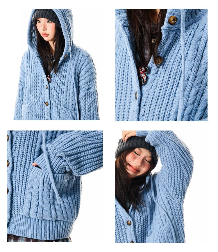 Hooded Button Oversize Cable Knit Cardigan