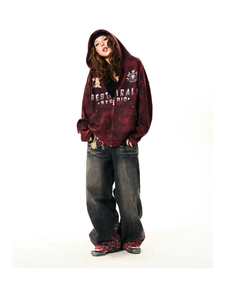 Tie-Dye Letter Print Oversize Zipper Hoodie