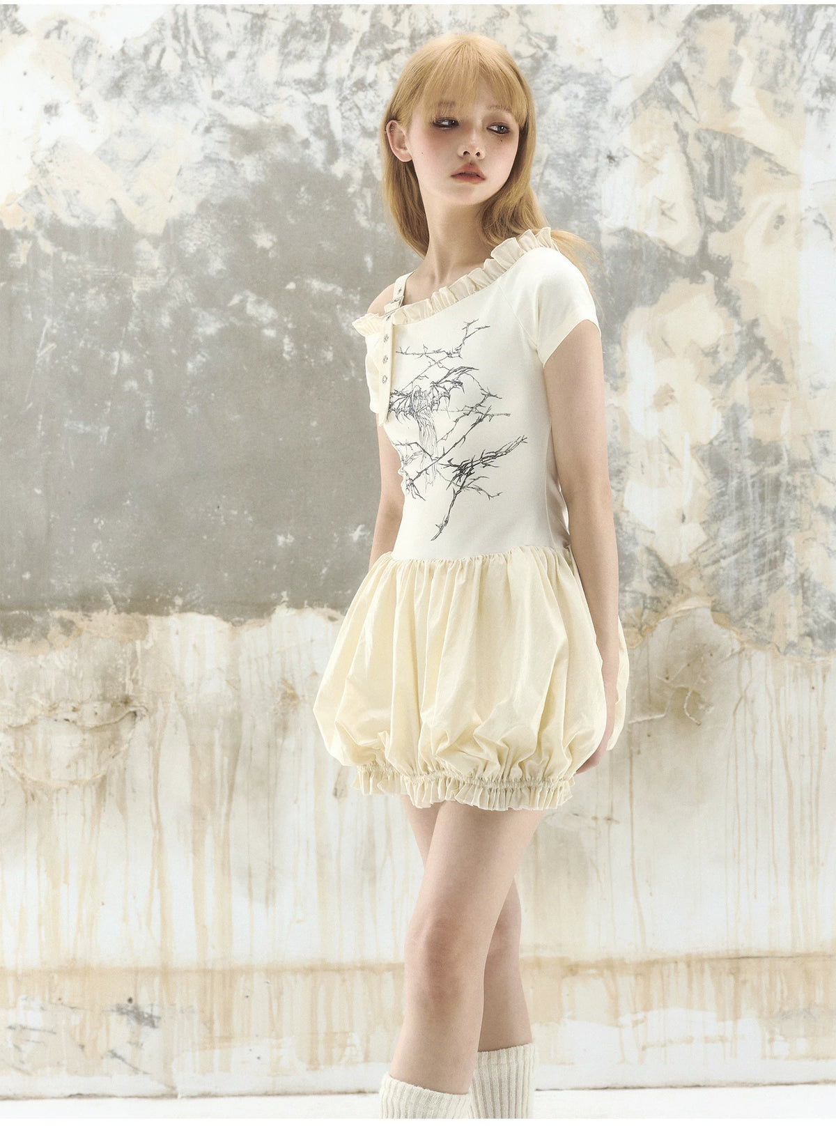 Thorn Angel Print Off-Shoulder Puff Dress