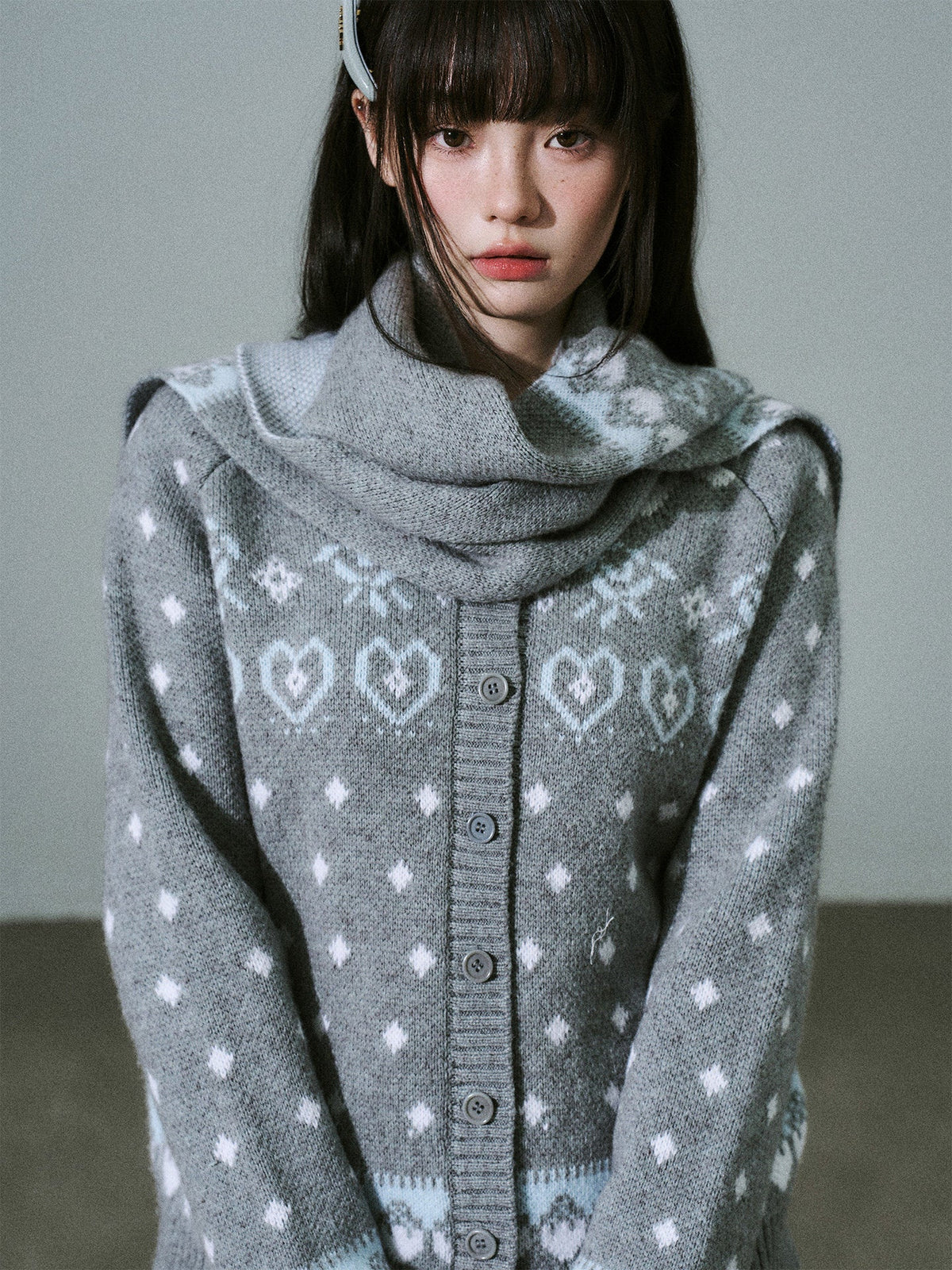 Fair Isle Pattern Wool Blend Scarf Knit Cardigan