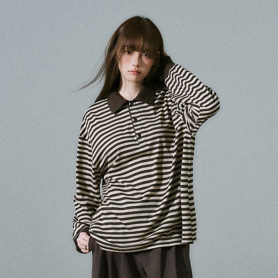 Brown Striped Long Sleeve Polo-Shirt