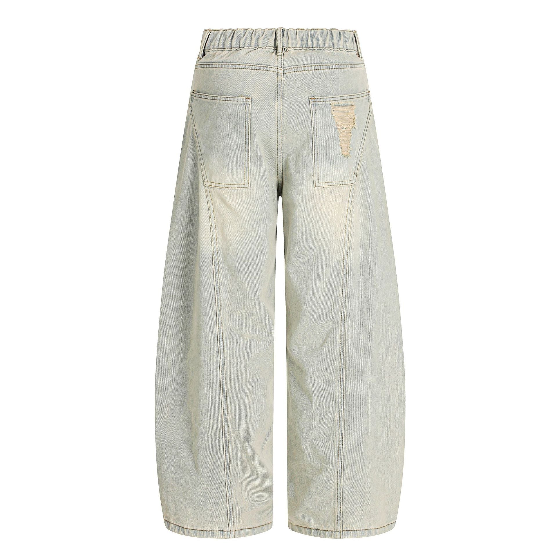 Washed Damage Curved Wide Leg Denim Jeans