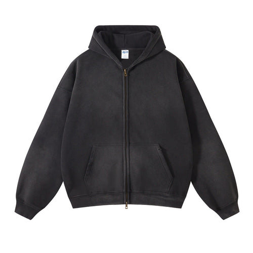Sweat à capuche à fermeture éclair en tissu épais, teinté à l'ancienne - noir / S
