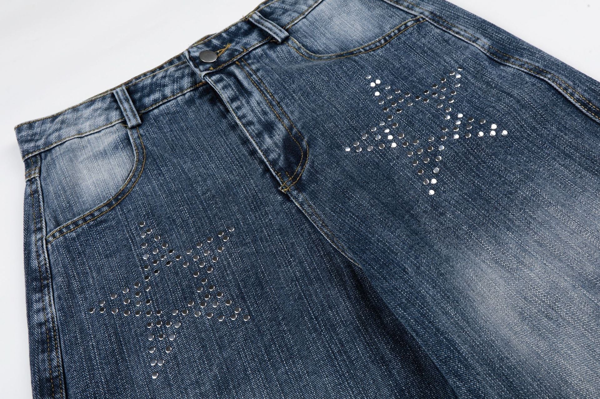 Washed Star Rhinestone Wide Leg Denim Jeans