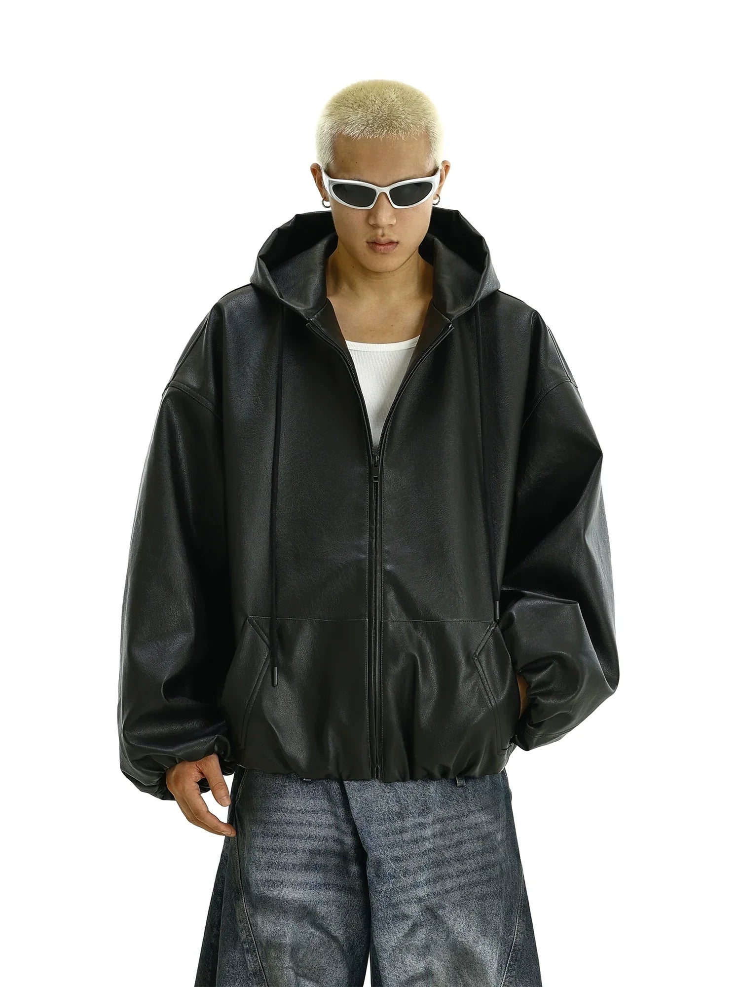 PU Leather Zipper Hooded jacket