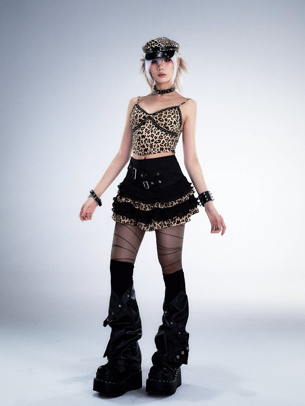 Leopard Patchwork Belted Tiered A-Line Skirt
