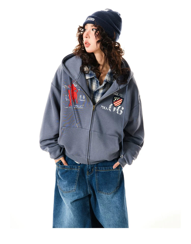 Letter Embroidery Washed Zipper Hoodie