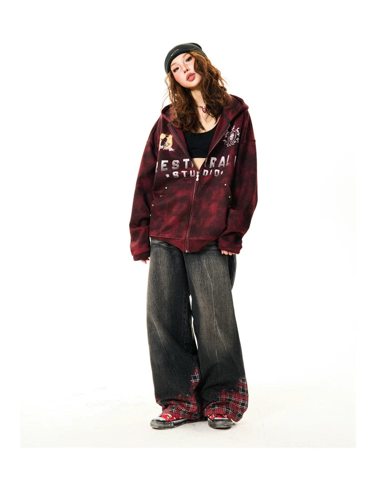 Tie-Dye Letter Print Oversize Zipper Hoodie