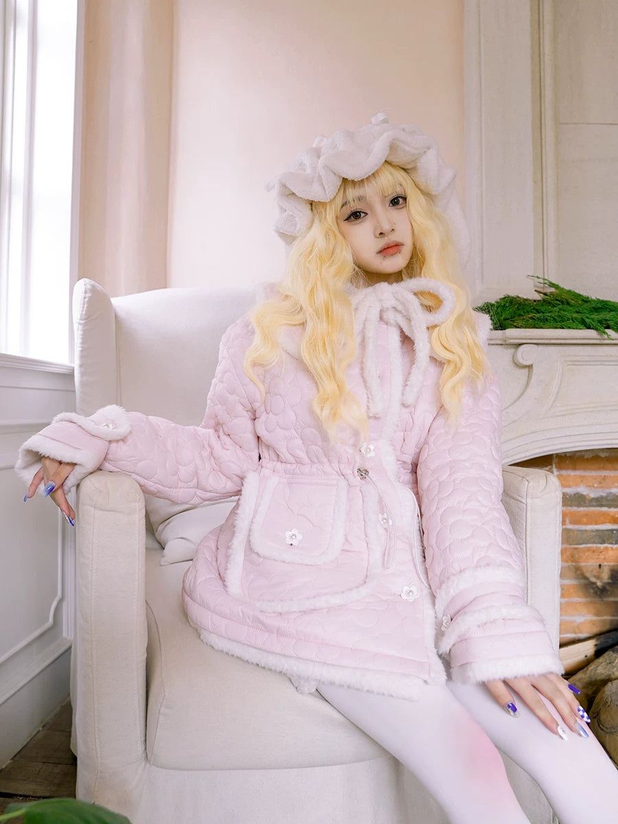 Flower Plush Bow Tie Puffer Jacket