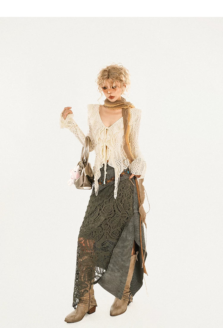 Original Design Heavy Craft Wasteland Knit Patchwork Lace Skirt