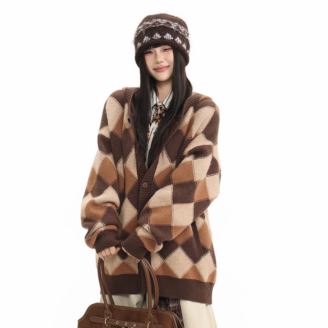 Heavyweight Diamond Pattern Oversize Hooded Knit Cardigan & Knit Sweater
