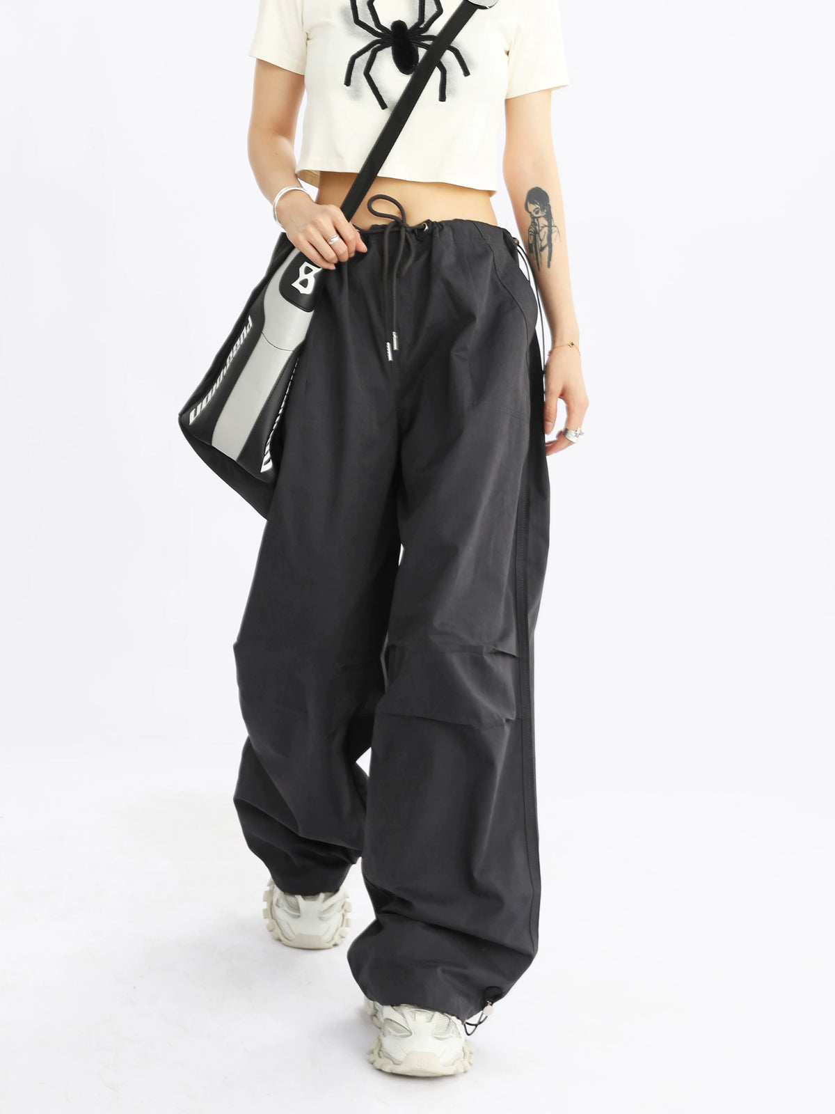 Wide-Leg Drawstring Cargo Pants