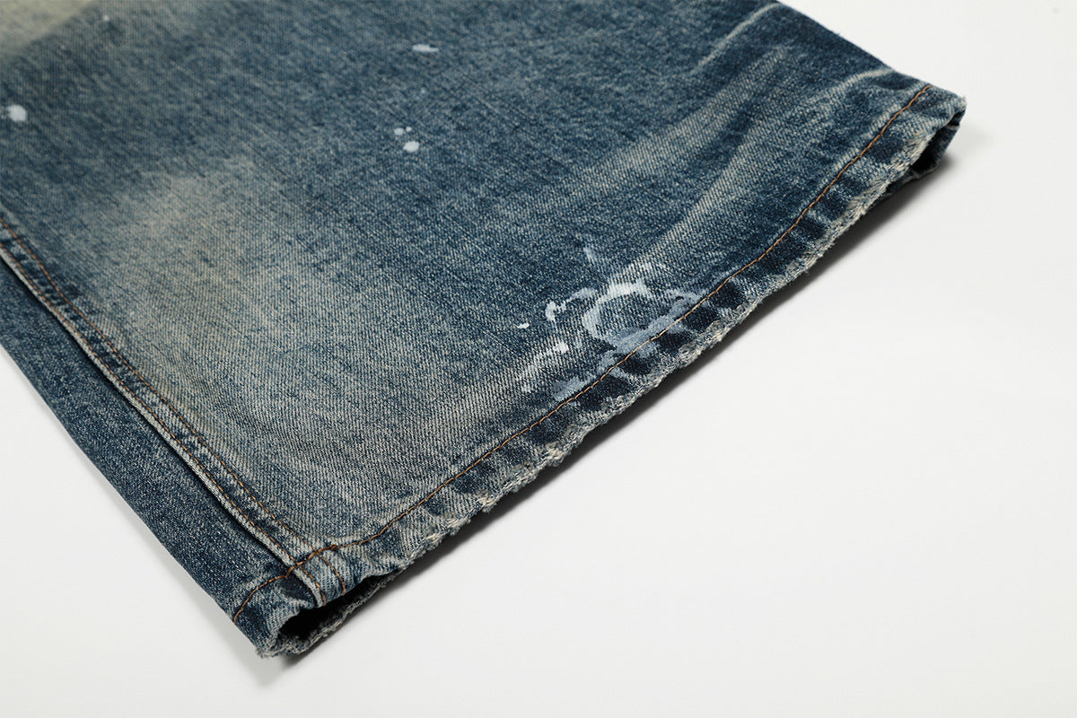 Washed Paint Splatter Curved Wide Leg Denim Jeans