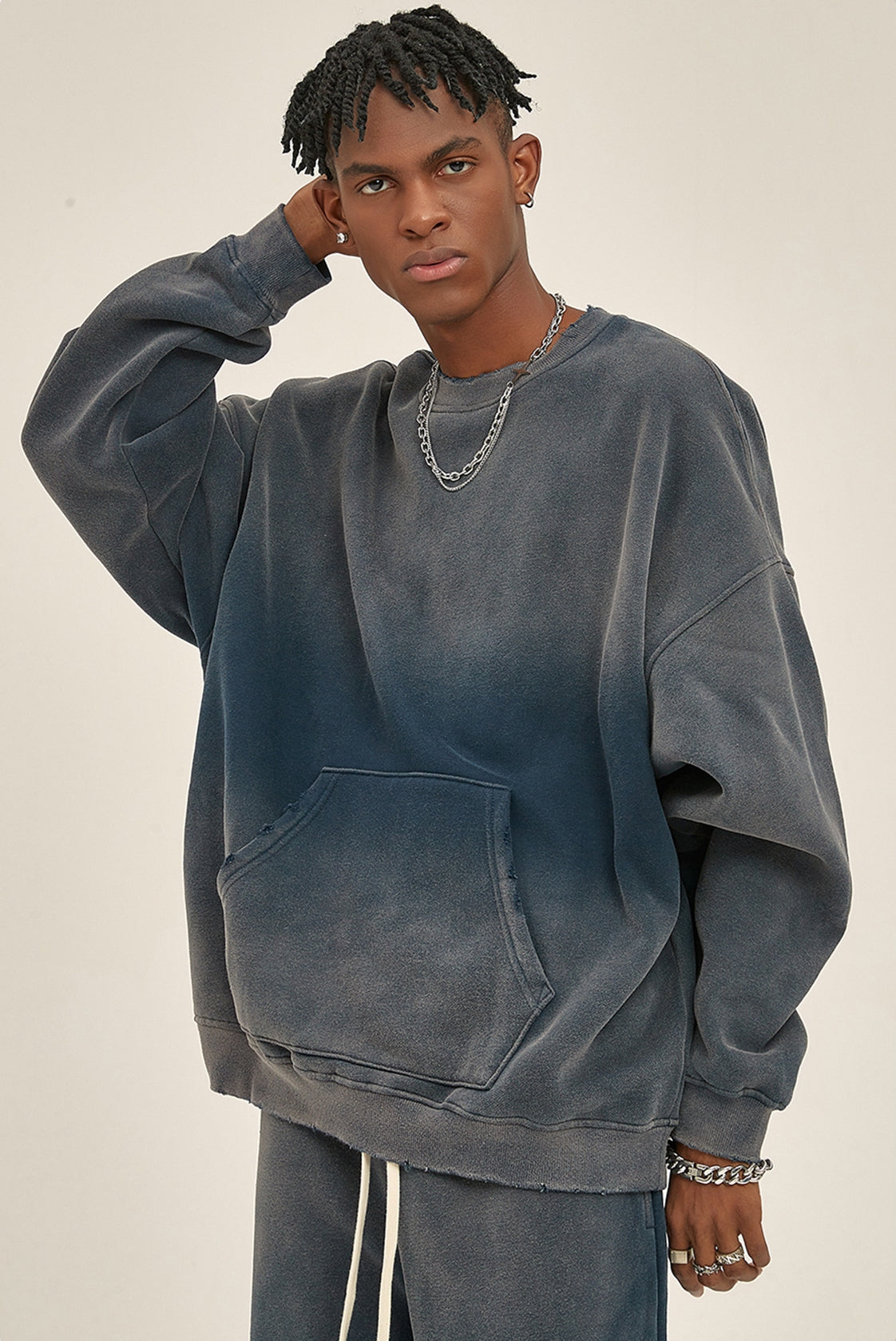 Fleece Lining Spray-dye Damage Oversize Sweatshirt